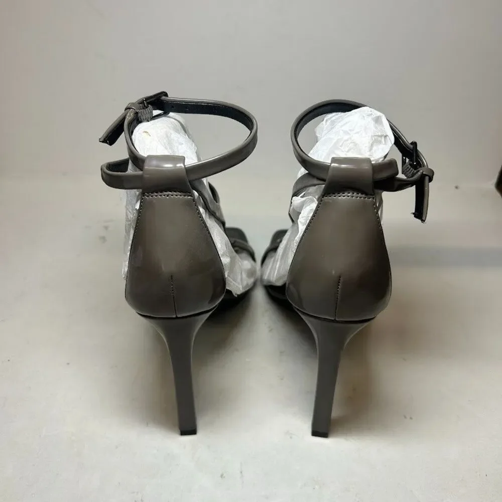 DKNY Womens 9 M High Shine Mushroom Grey Audrey Strappy High Heels NIB RI2